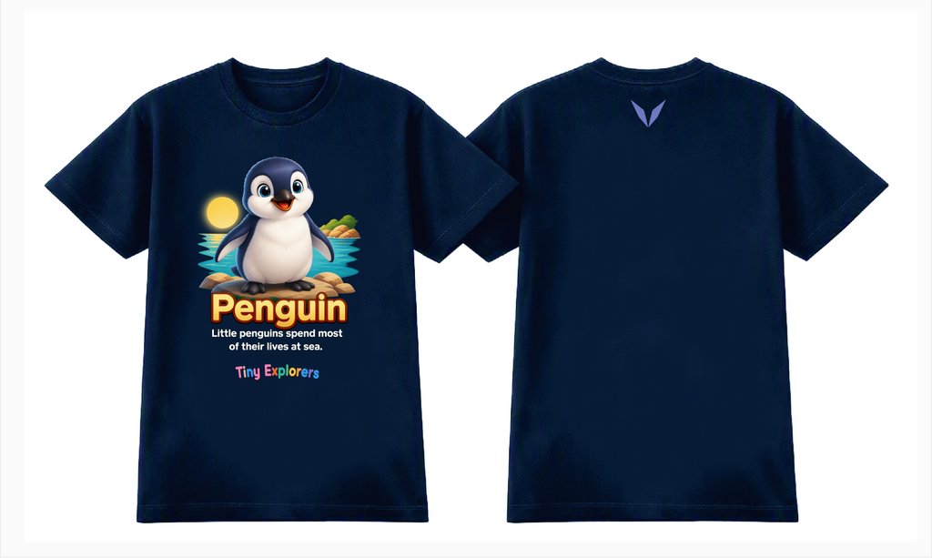 Front and back design preview of Voltare Penguin Tiny Explorers kids tee in Navy with penguin artwork and lavender-blue Voltare V logo