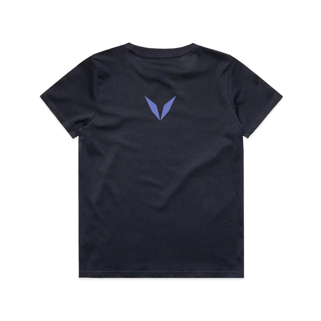 Back of Voltare Penguin Tiny Explorers kids tee in Navy with lavender-blue Voltare V logo