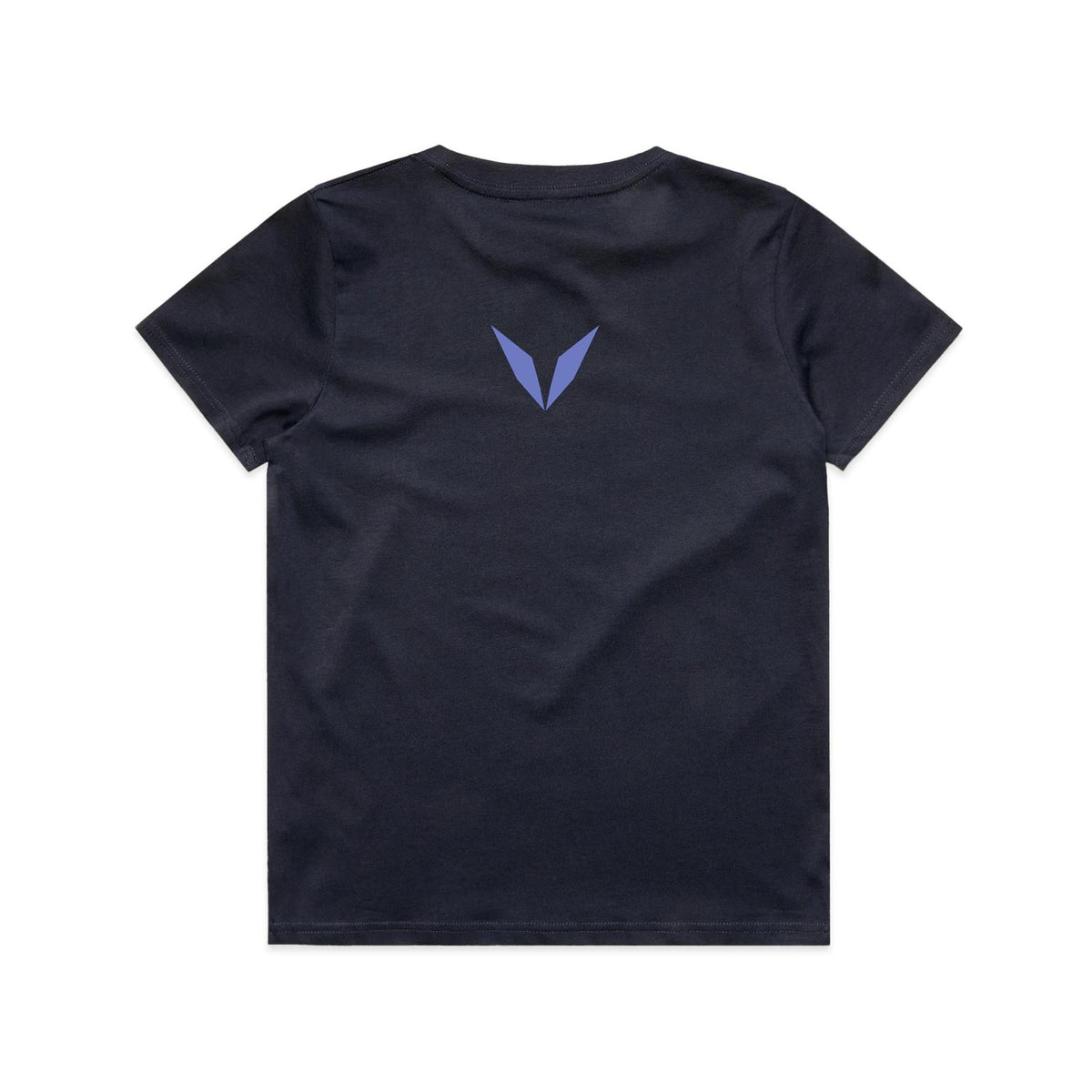 Back of Voltare Penguin Tiny Explorers kids tee in Navy with lavender-blue Voltare V logo