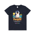 Front of Voltare Penguin Tiny Explorers kids tee in Navy with little penguin artwork and life-at-sea fact