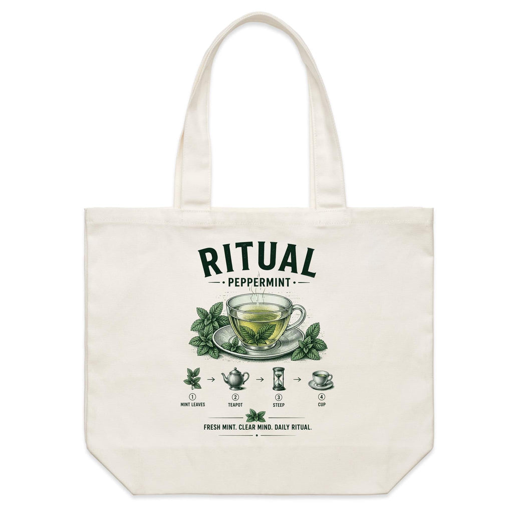 Back of Voltare Peppermint Ritual natural canvas tote bag with matching glass tea cup, green mint leaves, teapot and hourglass brewing steps