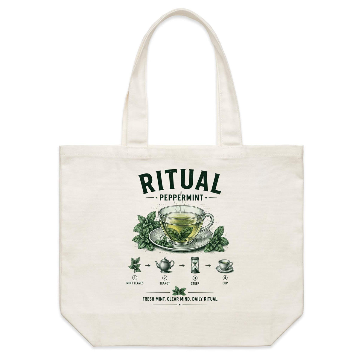 Back of Voltare Peppermint Ritual natural canvas tote bag with matching glass tea cup, green mint leaves, teapot and hourglass brewing steps