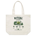 Front of Voltare Peppermint Ritual natural canvas tote bag with glass tea cup, green mint leaves, teapot and hourglass brewing steps