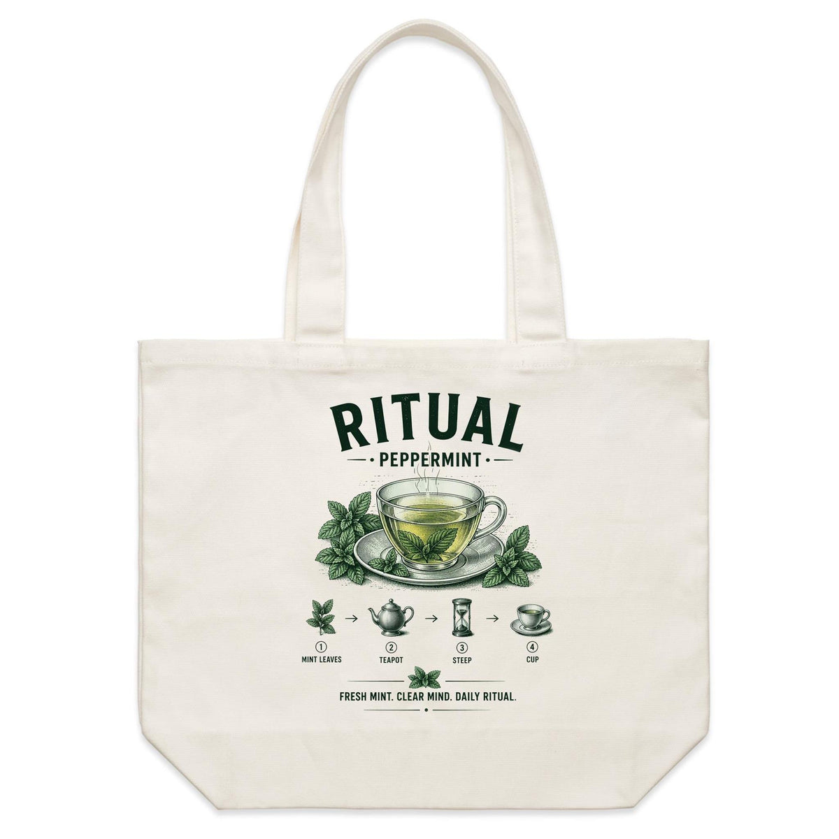 Front of Voltare Peppermint Ritual natural canvas tote bag with glass tea cup, green mint leaves, teapot and hourglass brewing steps