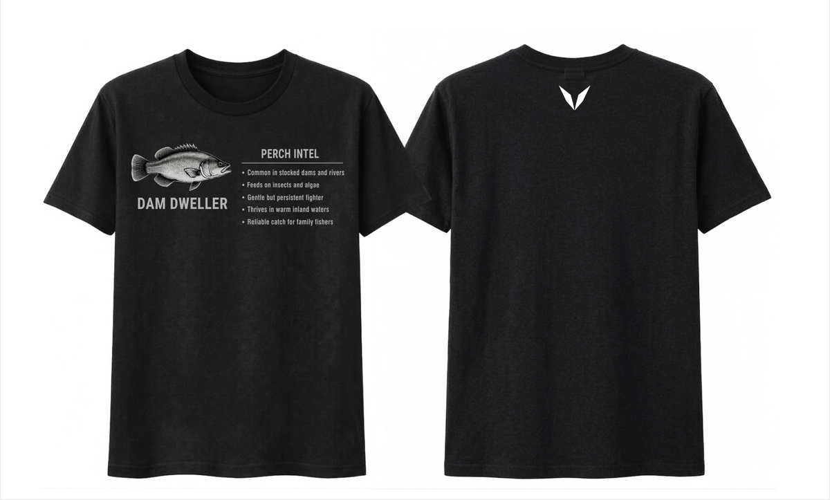 Front and back preview of the Black Voltare Perch Dam Dweller Fishing tee with silver-and-white perch artwork, a fishing fact panel and a white back V

