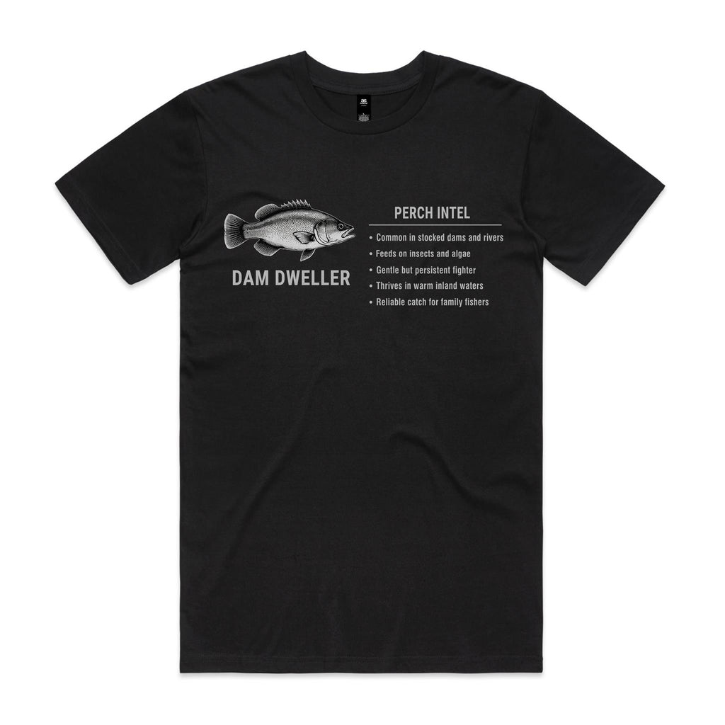 Black Voltare Perch Dam Dweller fishing tee featuring a silver-and-white perch illustration, Dam Dweller lettering and a Perch Intel fishing fact panel