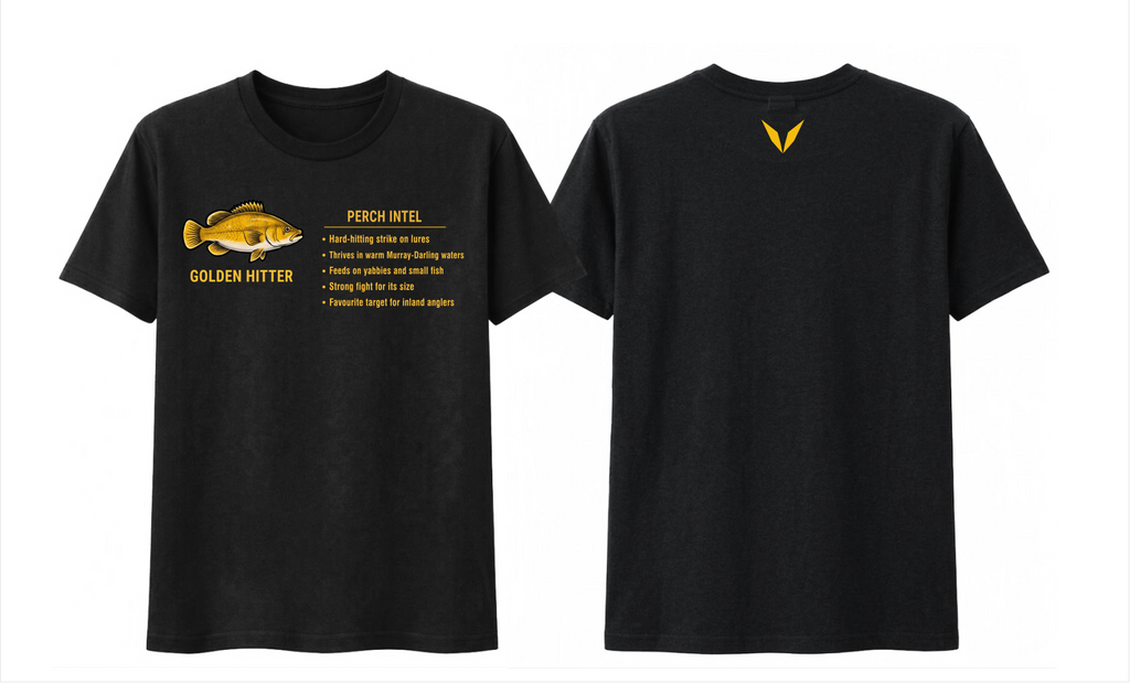 Front and back preview of the Black Voltare Perch Golden Hitter Fishing tee with golden perch artwork, a fishing fact panel and a golden-yellow back V