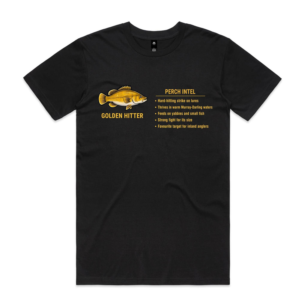 Black Voltare Perch Golden Hitter fishing tee featuring a golden perch illustration, Golden Hitter lettering and a Perch Intel fishing fact panel