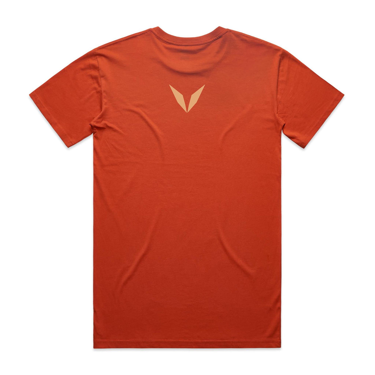 Back of the autumn orange Voltare Peregrine Falcon Sky Hunters T-shirt with a small peach-gold Voltare V logo at the upper back.