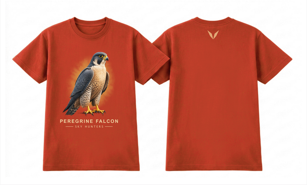 Front and back preview of the autumn orange Voltare Peregrine Falcon Sky Hunters T-shirt, with peregrine falcon artwork on the front and a small peach-gold Voltare V logo on the upper back.