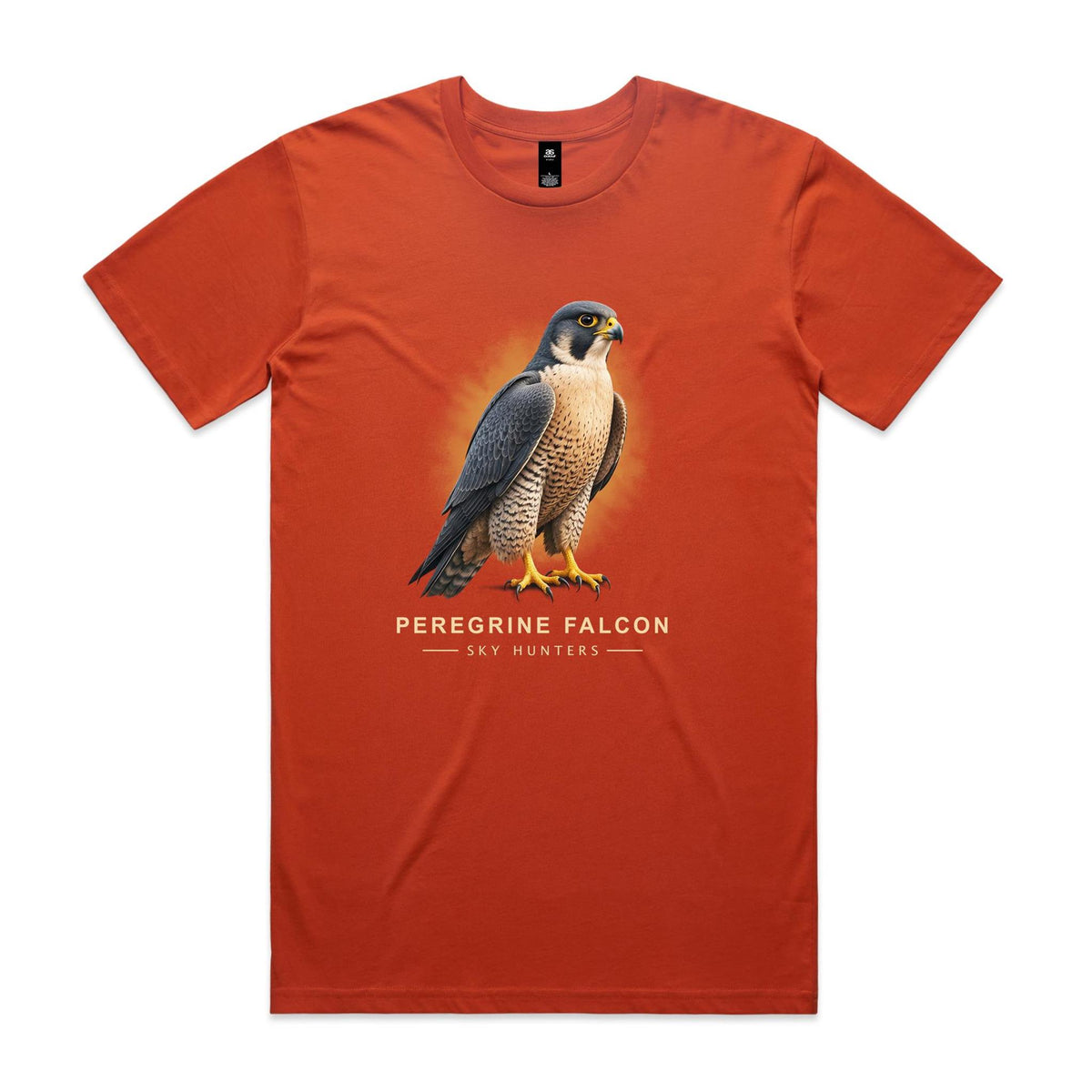 Front of the autumn orange Voltare Peregrine Falcon Sky Hunters T-shirt with an illustrated bird featuring slate-grey wings, dark facial markings and golden-yellow feet against an amber backdrop.