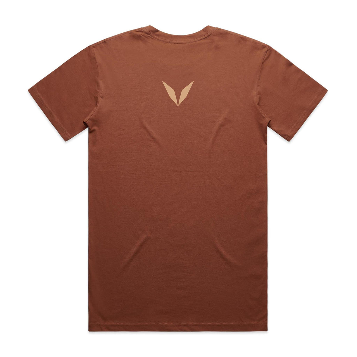 Back view of the Voltare Petra Rose City tee in Clay with a small sand-coloured Voltare V high on the back
