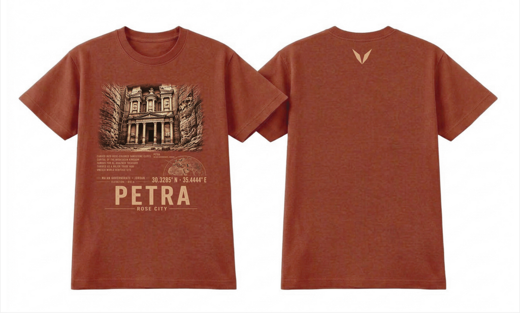 Front and back of the Clay Voltare Petra Rose City tee, showing Treasury and sandstone cliff artwork above facts, a Jordan map, coordinates and Petra Rose City lettering, with a small sand-coloured Voltare V high on the back