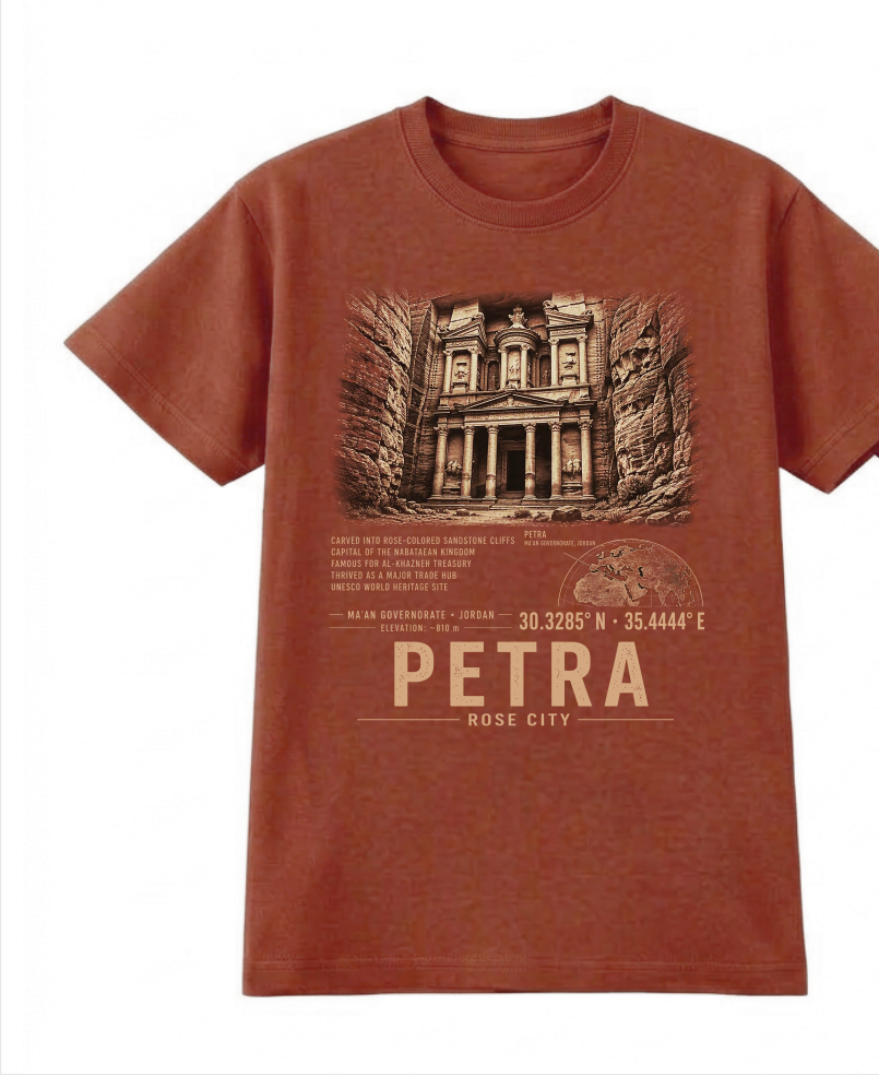 Front of the Clay Voltare Petra Rose City tee, featuring Treasury and sandstone cliff artwork above historical facts, a Jordan location map, coordinates and Petra Rose City lettering