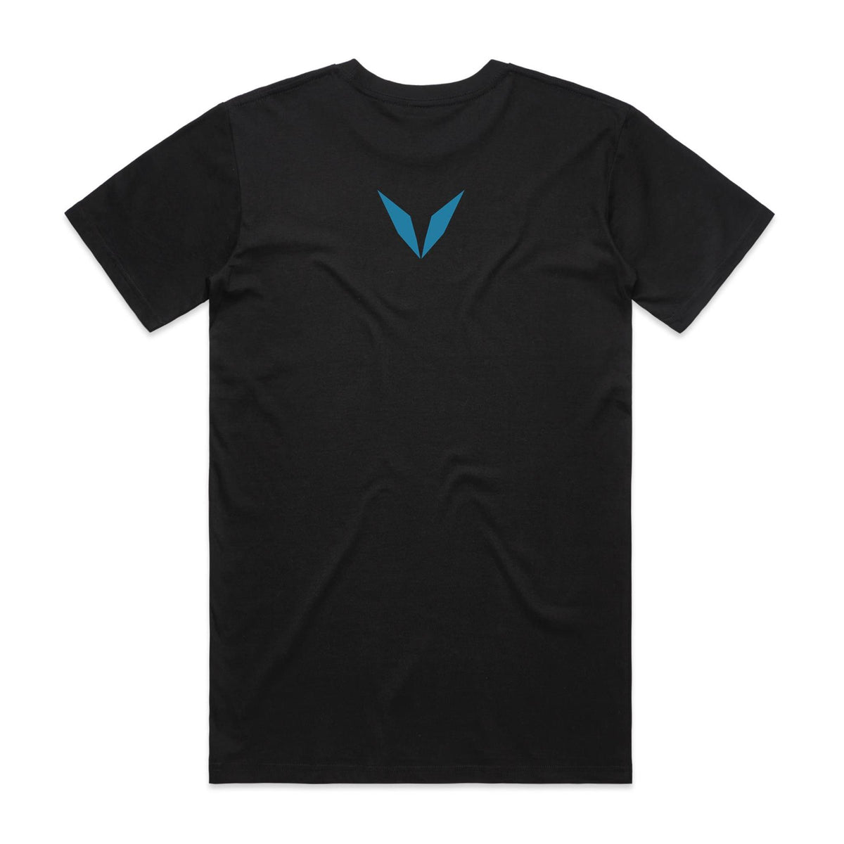 Back of Voltare Pillars of Creation Cosmic Wonders black tee with teal-blue Voltare V logo