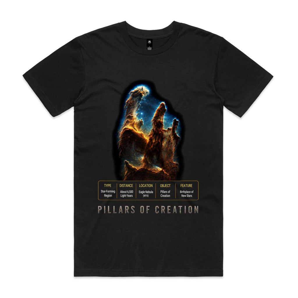 Front of Voltare Pillars of Creation black tee with gold-edged cosmic columns, blue glow, space-facts panel and textured silver-grey lettering