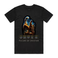 Front of Voltare Pillars of Creation black tee with gold-edged cosmic columns, blue glow, space-facts panel and textured silver-grey lettering