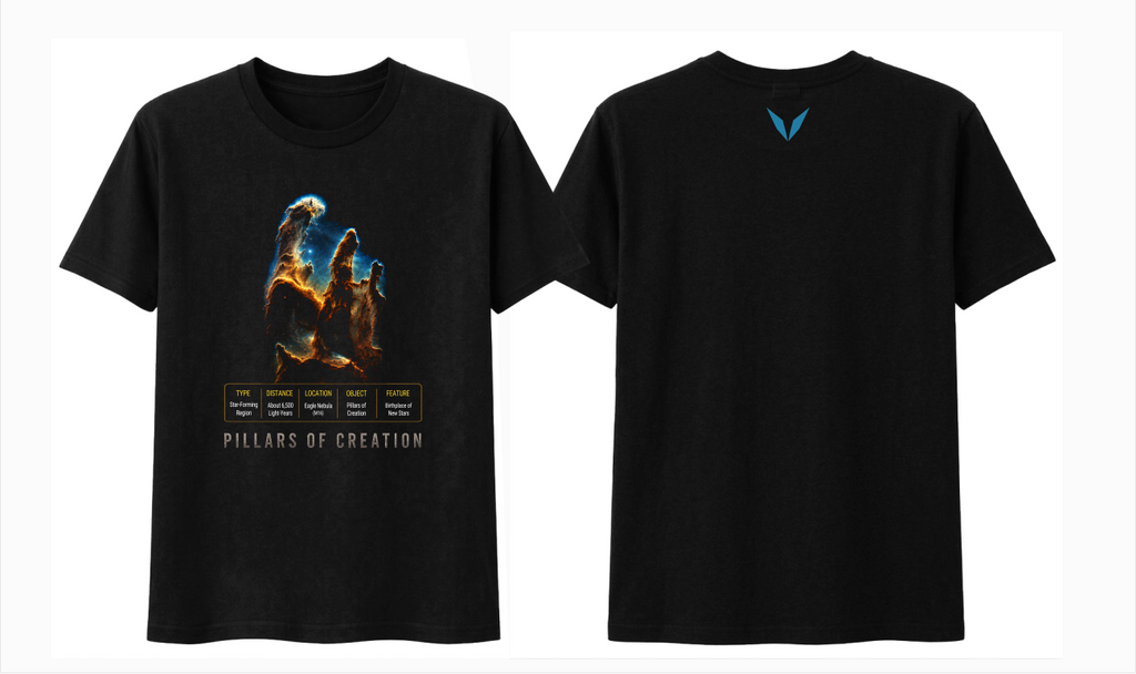 Front and back preview of Voltare Pillars of Creation black tee with cosmic column artwork, space-facts panel and teal-blue Voltare V logo