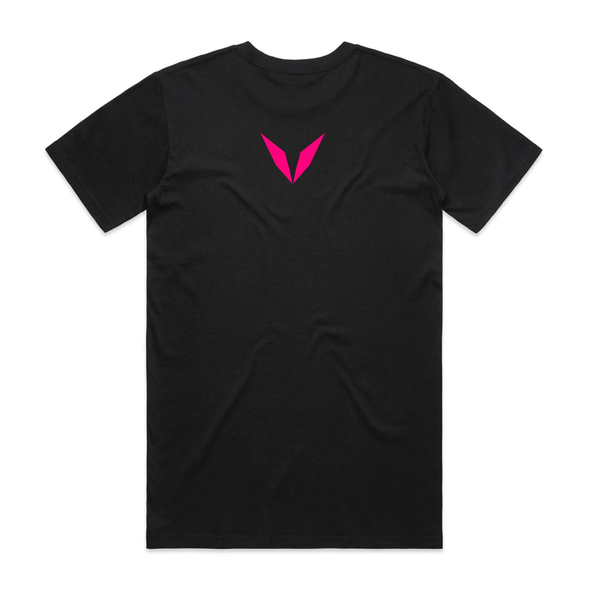 Back of Voltare Pink Slip Tyre Fryer black tee with hot-pink Voltare V logo