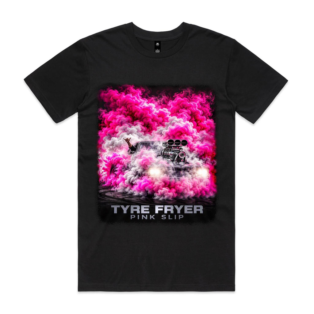 Front of Voltare Pink Slip Tyre Fryer black tee with supercharged muscle car and billowing hot-pink and white tyre smoke