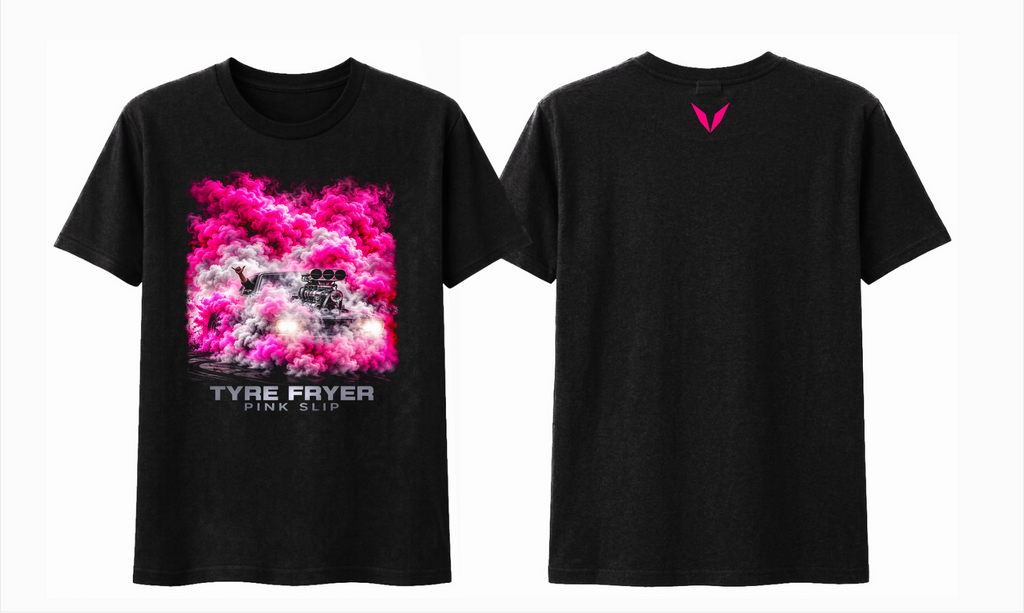 Front and back preview of Voltare Pink Slip Tyre Fryer black tee with pink muscle car burnout artwork and hot-pink Voltare V logo