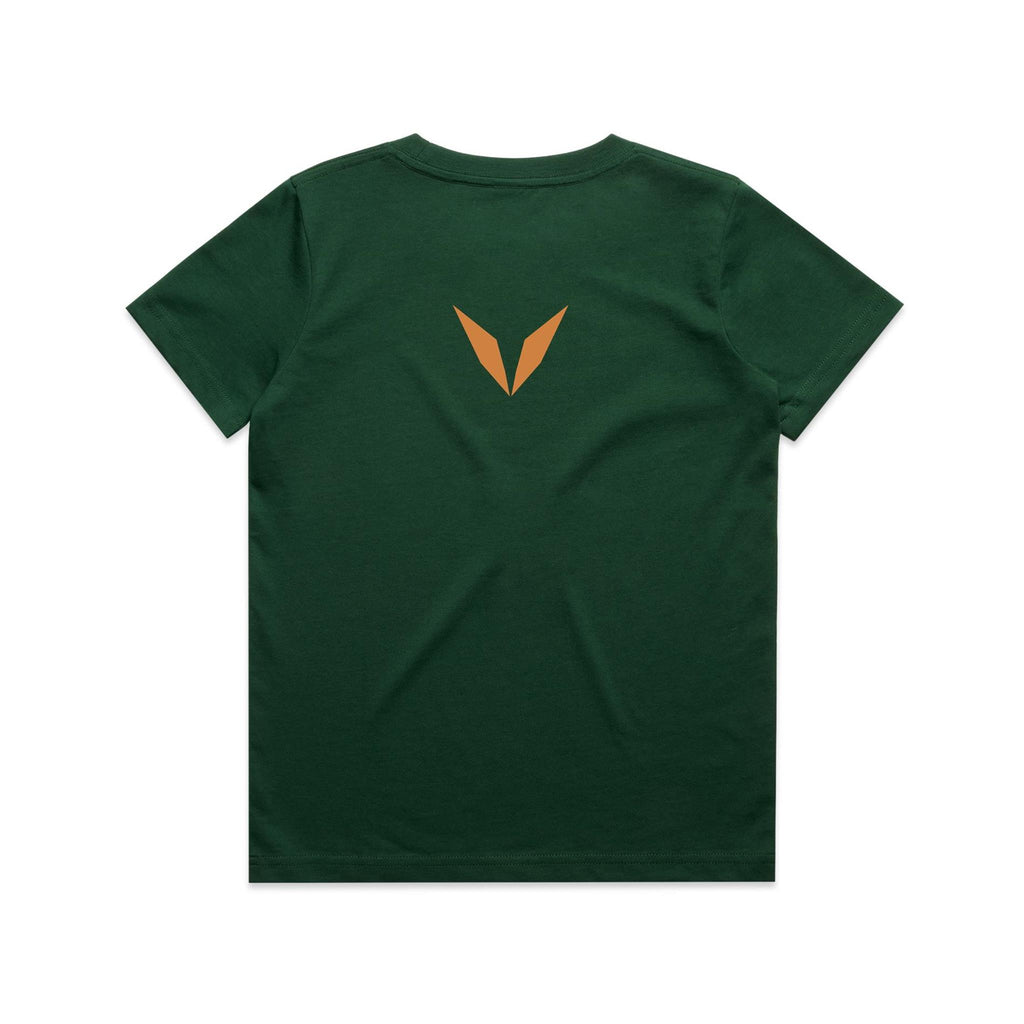 Back of Voltare Platypus Tiny Explorers kids tee in Forest Green with orange-brown Voltare V logo