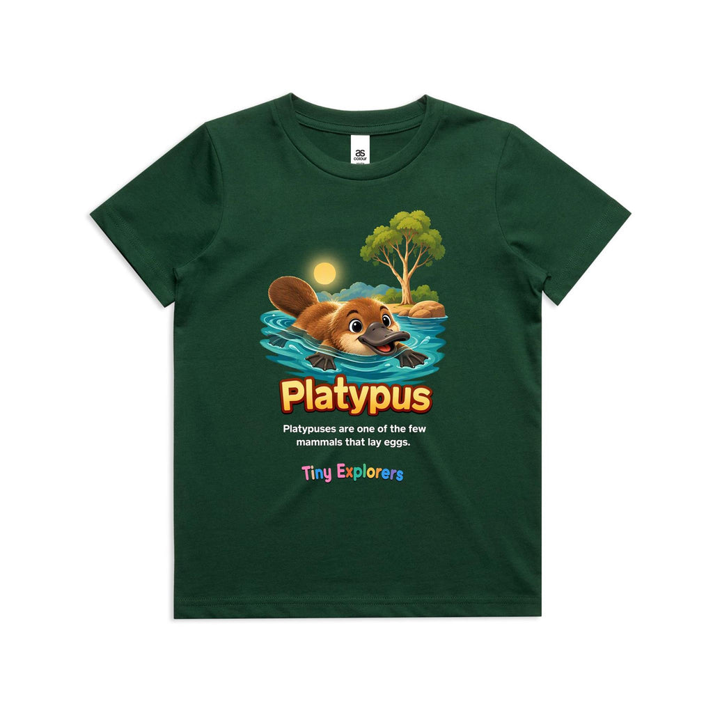 Front of Voltare Platypus Tiny Explorers kids tee in Forest Green with swimming platypus artwork and egg-laying fact