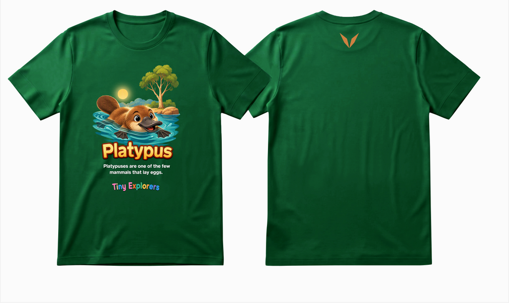 Front and back design preview of Voltare Platypus Tiny Explorers kids tee on a green shirt with platypus artwork and orange-brown Voltare V logo