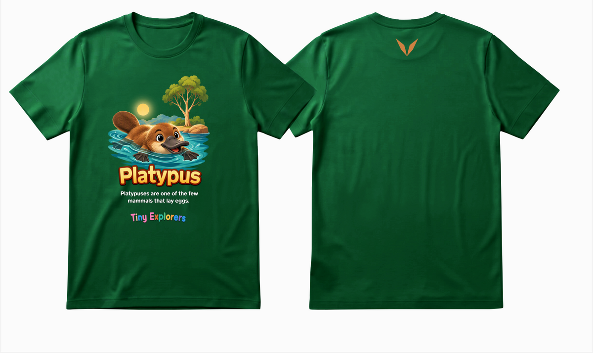 Front and back design preview of Voltare Platypus Tiny Explorers kids tee on a green shirt with platypus artwork and orange-brown Voltare V logo