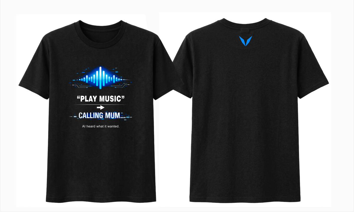 Front and back of Voltare black Play Music Calling Mum tee showing blue soundwave slogan design and blue V back logo