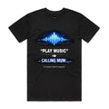 Voltare black Play Music Calling Mum tee with blue soundwave graphic and AI heard what it wanted slogan on the front