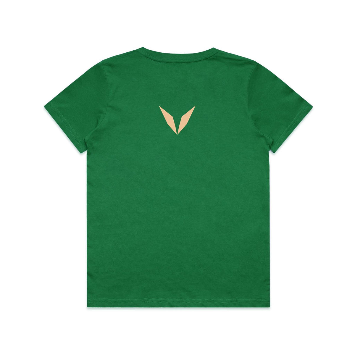 Back of Voltare Kelly Green Possum Tiny Explorers kids T-shirt with a pale peach Voltare V on the upper back.