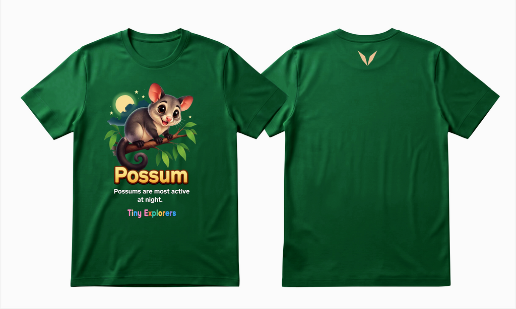 Combined front and back preview of Voltare Kelly Green Possum Tiny Explorers kids T-shirt with possum artwork and a pale peach Voltare V.