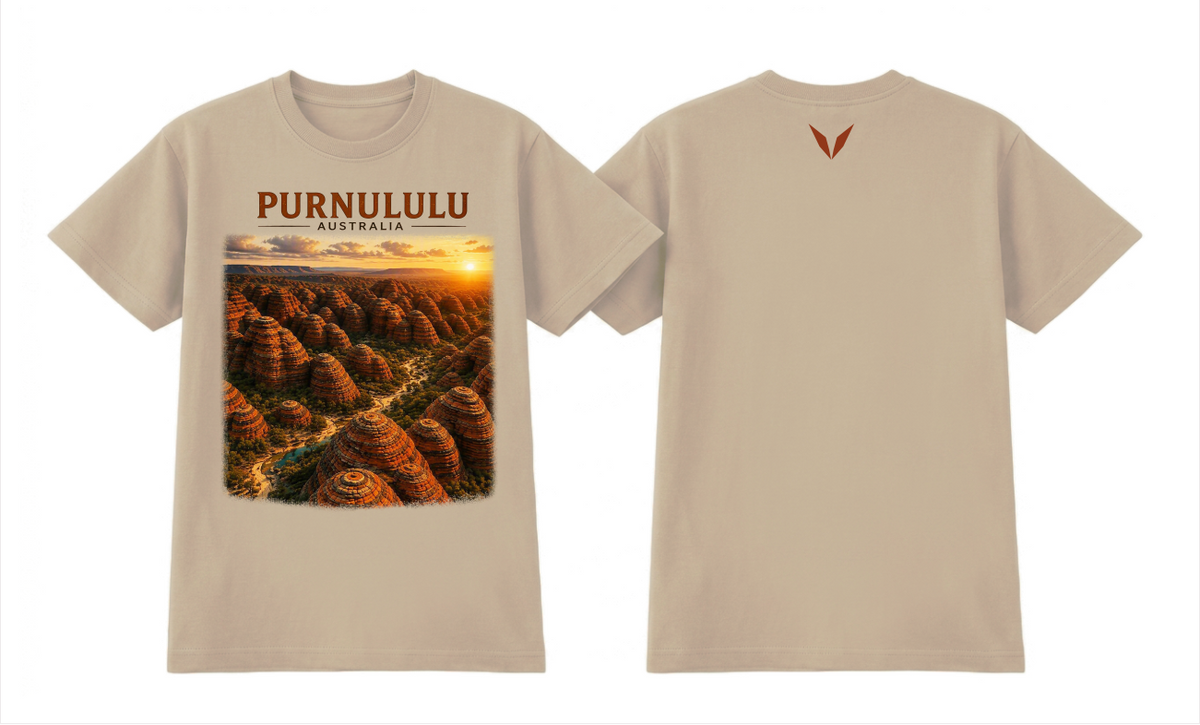 Front and back preview of the Ecru Voltare Purnululu Golden Sandstone Domes tee with striped sandstone landscape artwork and a rust-red back V