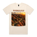 Ecru Voltare Purnululu tee featuring striped sandstone domes and a winding valley beneath golden light and Purnululu Australia lettering