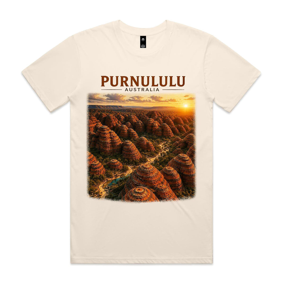 Ecru Voltare Purnululu tee featuring striped sandstone domes and a winding valley beneath golden light and Purnululu Australia lettering
