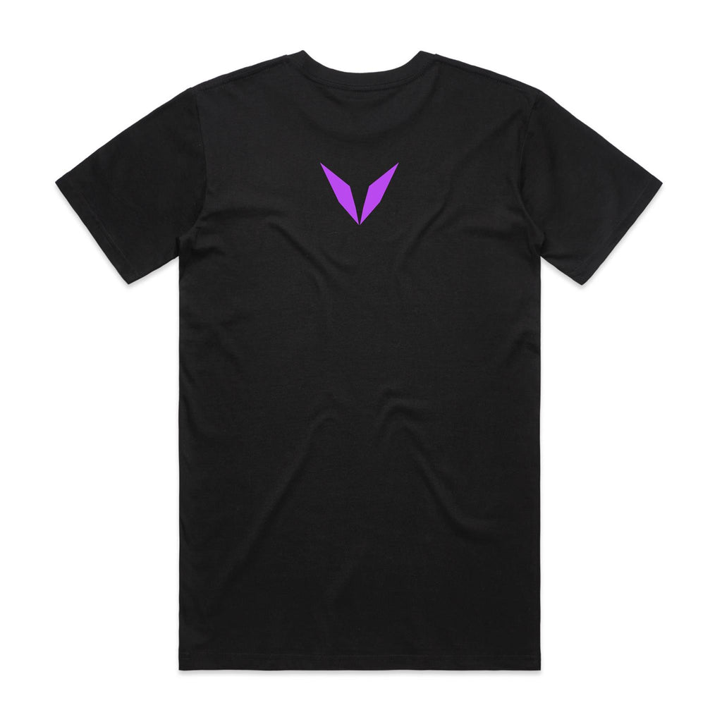 Back of Voltare Purple Reign Tyre Fryer black tee with purple Voltare V logo