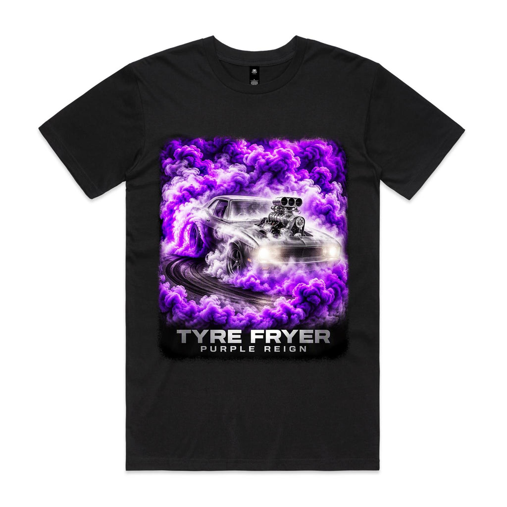 Front of Voltare Purple Reign Tyre Fryer black tee with supercharged muscle car and swirling purple and white tyre smoke