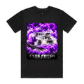 Front of Voltare Purple Reign Tyre Fryer black tee with supercharged muscle car and swirling purple and white tyre smoke