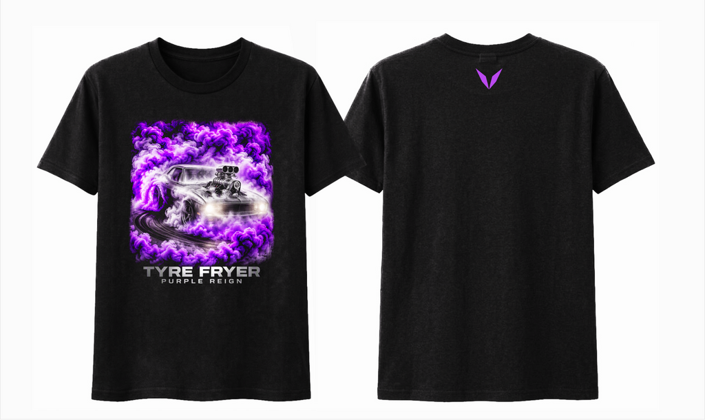 Front and back preview of Voltare Purple Reign Tyre Fryer black tee with purple smoke muscle car artwork and purple Voltare V logo