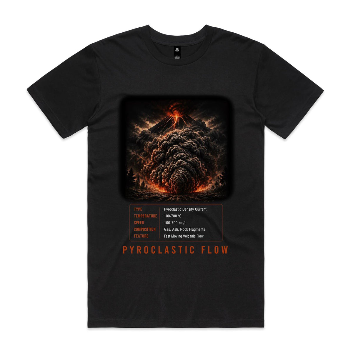 Front of Voltare Pyroclastic Flow black tee with erupting volcano, billowing ash cloud, facts panel and burnt-orange lettering