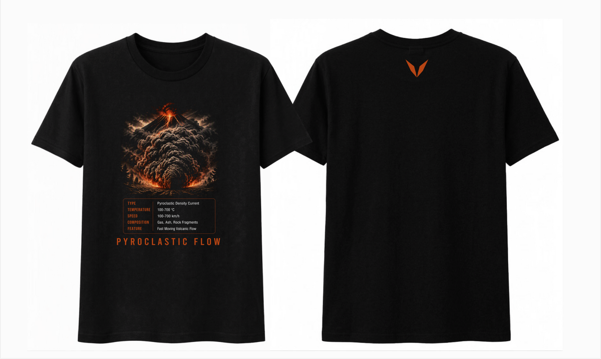 Front and back preview of Voltare Pyroclastic Flow black tee with erupting volcano artwork, facts panel and burnt-orange Voltare V logo