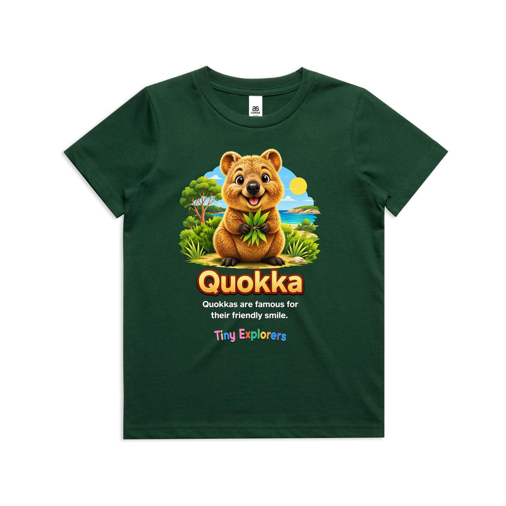 Front of Voltare Quokka Tiny Explorers kids tee in Forest Green with smiling quokka artwork and coastal scenery