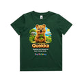Front of Voltare Quokka Tiny Explorers kids tee in Forest Green with smiling quokka artwork and coastal scenery