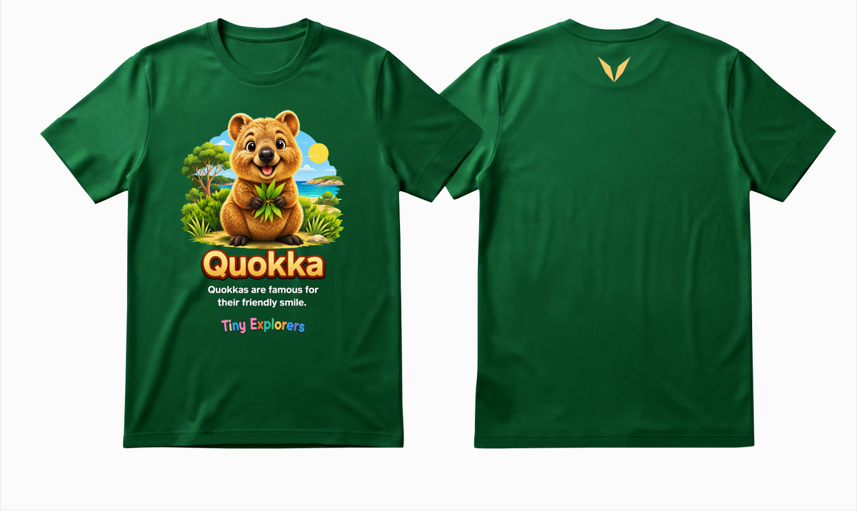 Front and back design preview of Voltare Quokka Tiny Explorers kids tee on a green shirt with quokka artwork and golden-yellow Voltare V logo