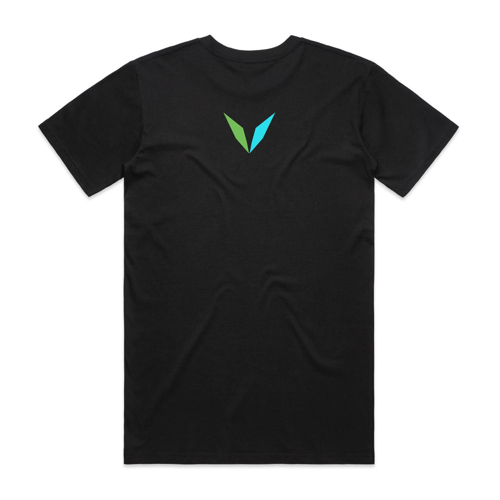 Back of Voltare Black Rainbow Bee-Eater T-shirt with a green-and-turquoise Voltare V on the upper back.
