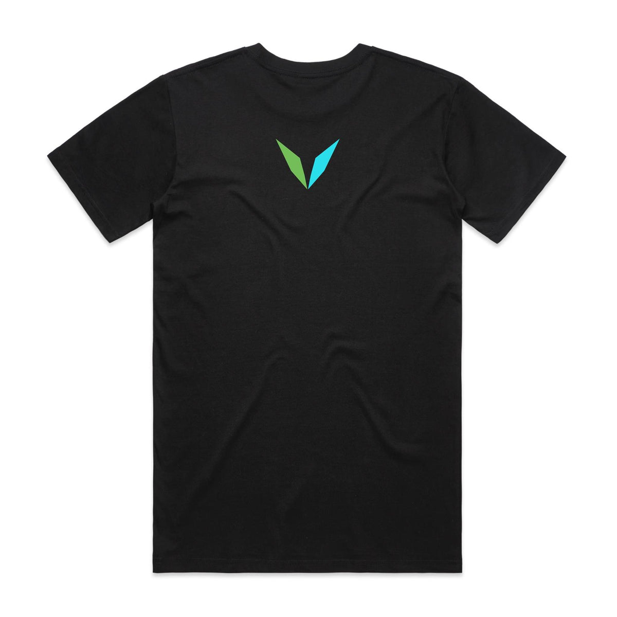 Back of Voltare Black Rainbow Bee-Eater T-shirt with a green-and-turquoise Voltare V on the upper back.