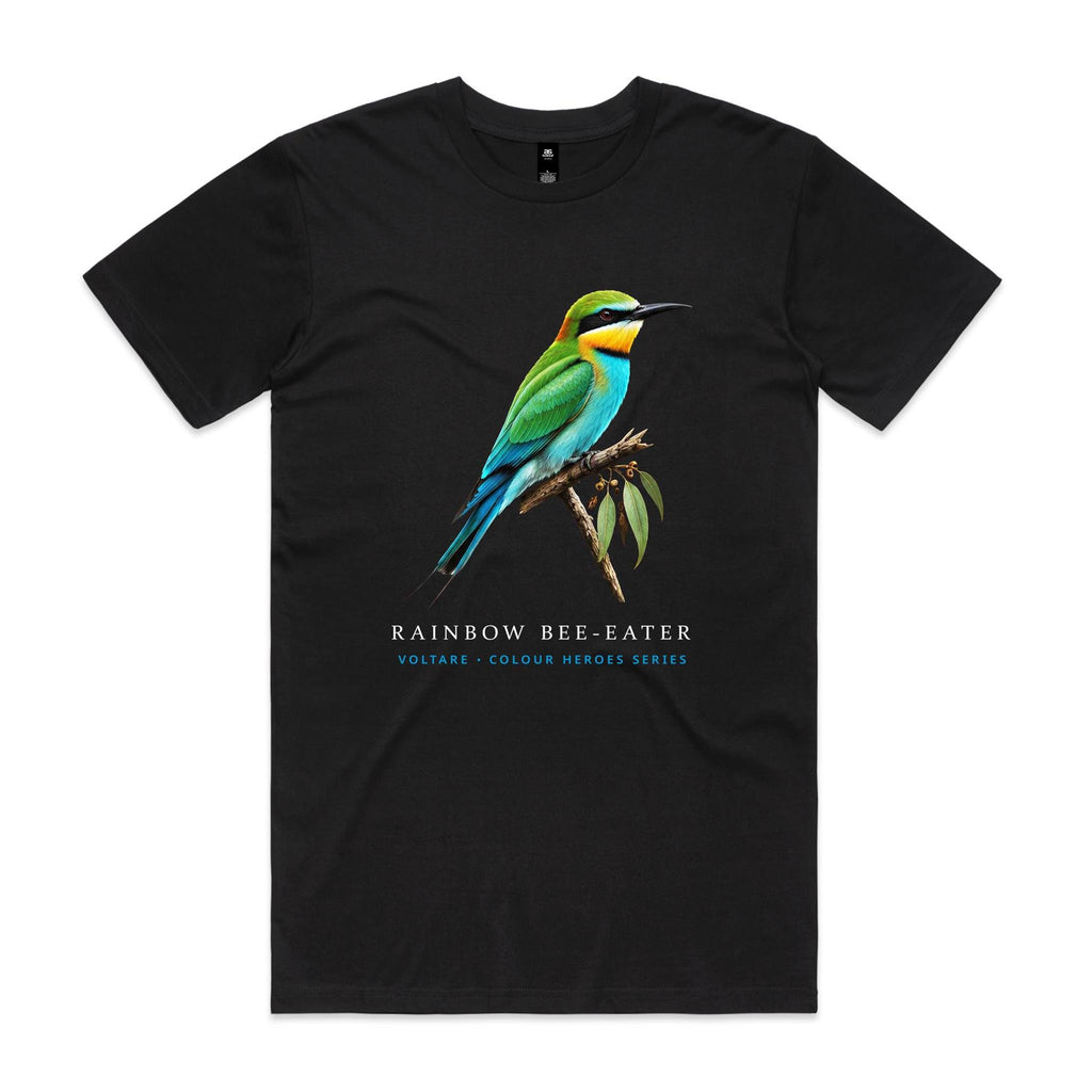 Front of Voltare Black Rainbow Bee-Eater T-shirt featuring a green-and-turquoise bird with a golden-yellow throat perched on a eucalyptus branch.