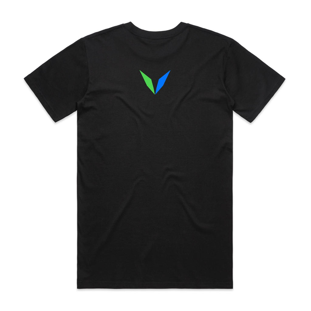 Back of Voltare Black Rainbow Lorikeet T-shirt with a green-and-blue Voltare V on the upper back.