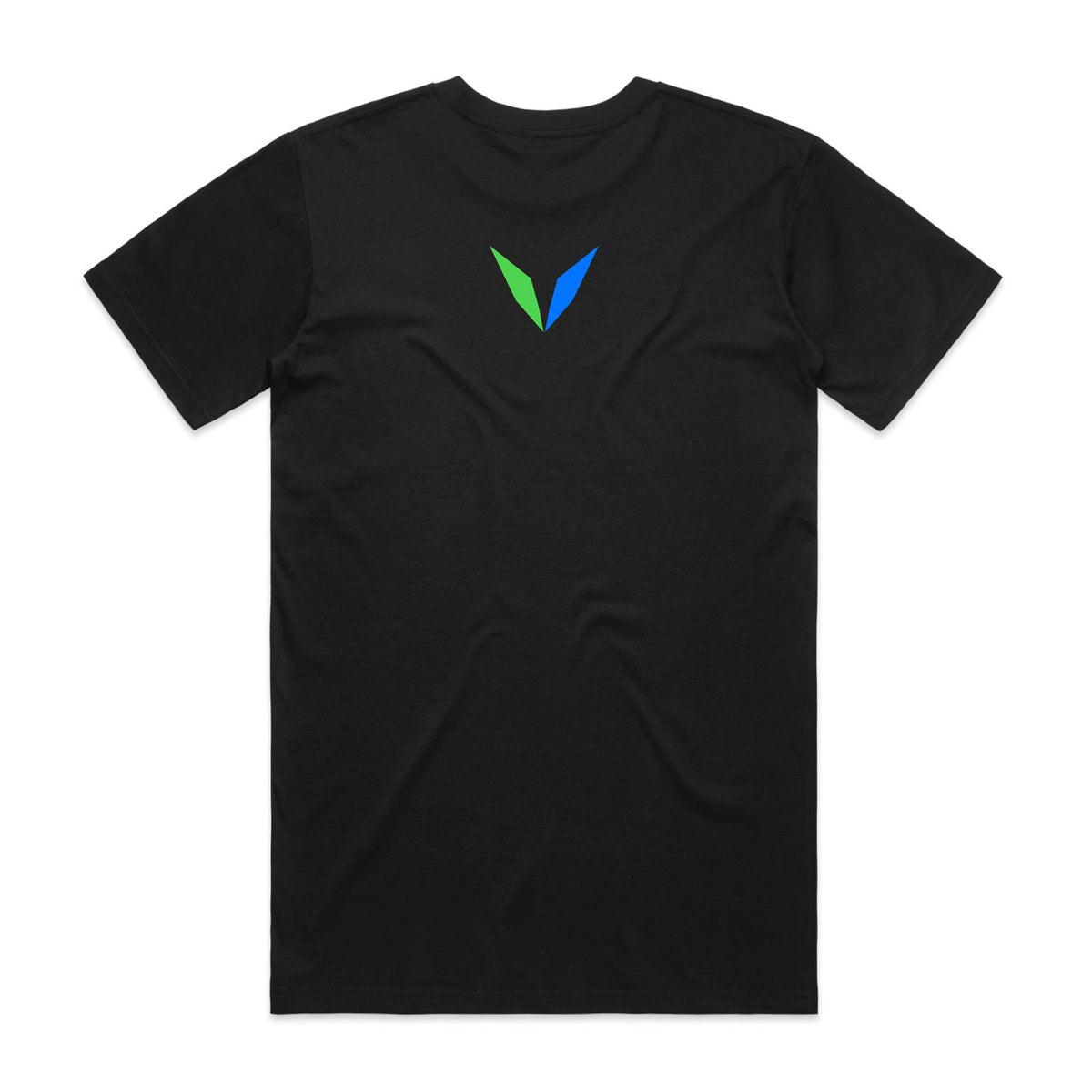 Back of Voltare Black Rainbow Lorikeet T-shirt with a green-and-blue Voltare V on the upper back.